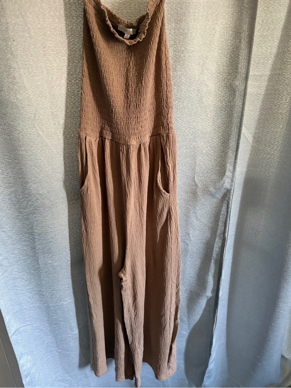 Love Tree Brown Smocked Wide-Leg Jumpsuit with Pockets